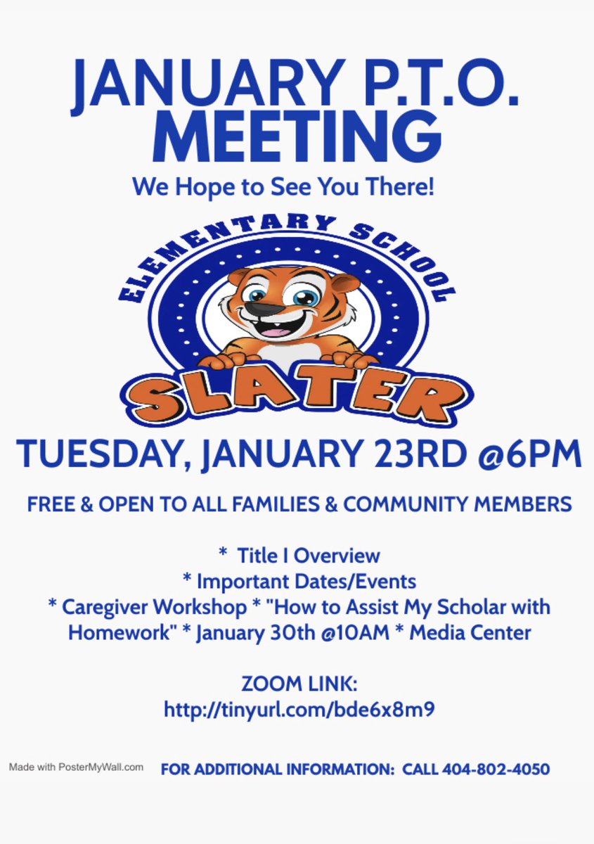 SlaterPBSA's tweet photo. The next PTO meeting will be held at Slater ES on Tuesday, January 23rd @6PM. Please plan to attend in person or virtually @http://tinyurl.com/bde6x8m9. See you there! #PTOCounts @JovanDM @PBS_Atlanta @SEM_PBSA @ChashaWilliams @apmoultrie @Andrea_N_edu @drdantzlerATL https://t.co/xLaAT7rAJS