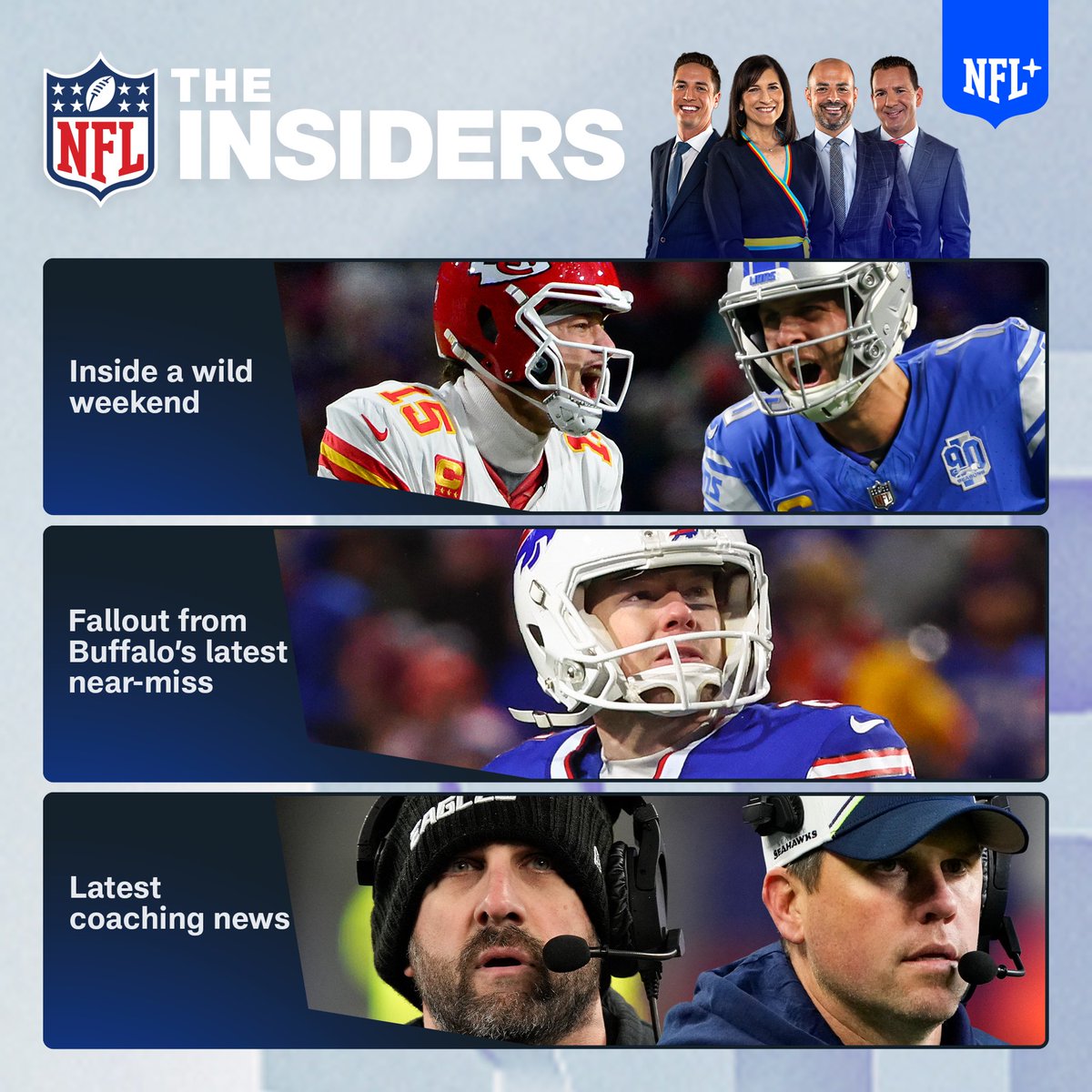 TomPelissero's tweet image. And then there were four.
The Insiders kicks off LIVE NOW on #NFLPlus and at 1 p.m. ET on @nflnetwork with me, @RapSheet, @MikeGarafolo, @JamesPalmerTV, @StaceyDales, @OmarDRuiz, @SherreeBurruss, @jeffrichadiha and more.
📺📱💻 NFL.com/Plus