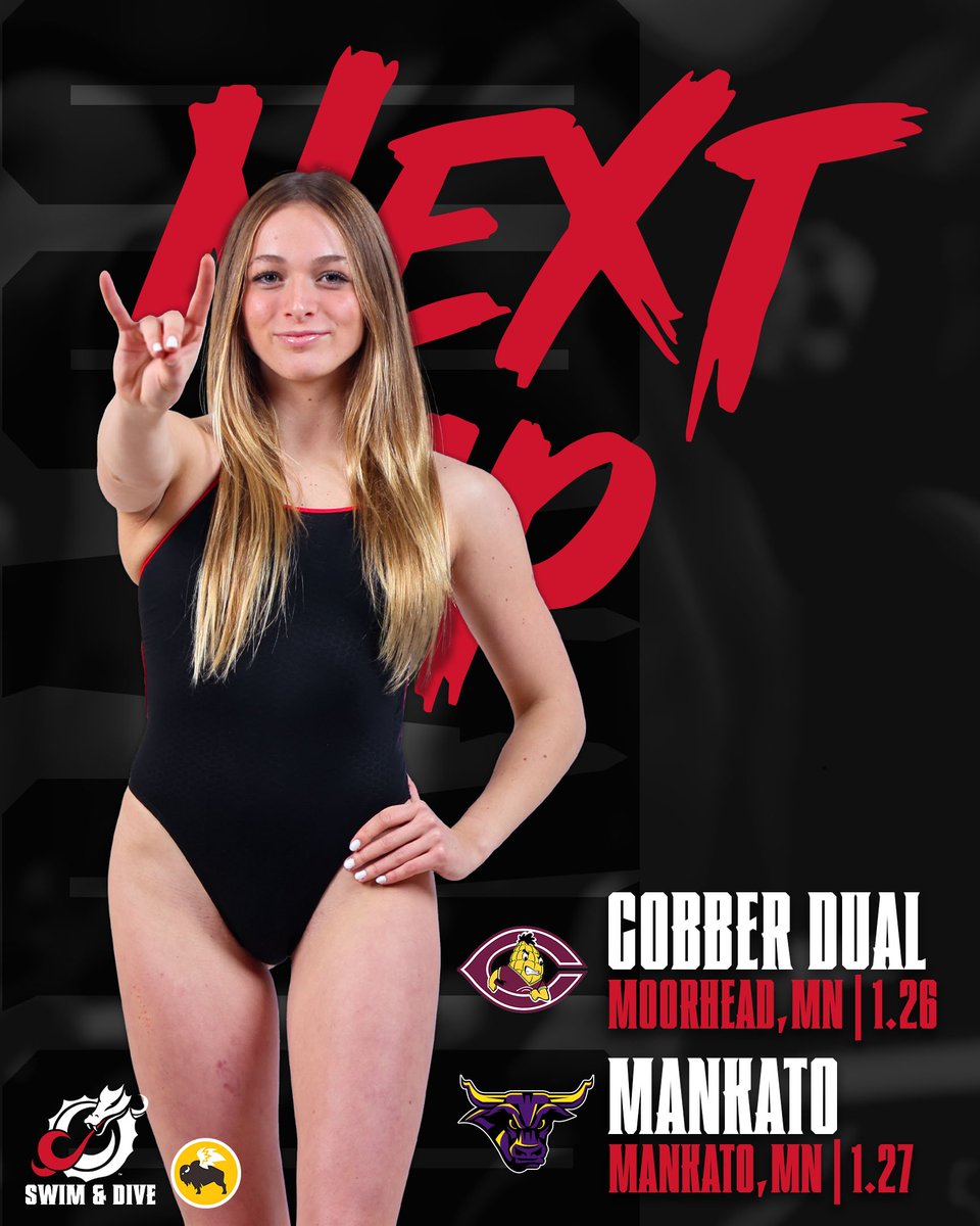 MSUM_Swim's tweet photo. 𝐍𝐄𝐗𝐓 𝐔𝐏 for Dragons Swim and Dive comes the Cobber Dual and Vs Mankato! https://t.co/IqcfRnyWTp