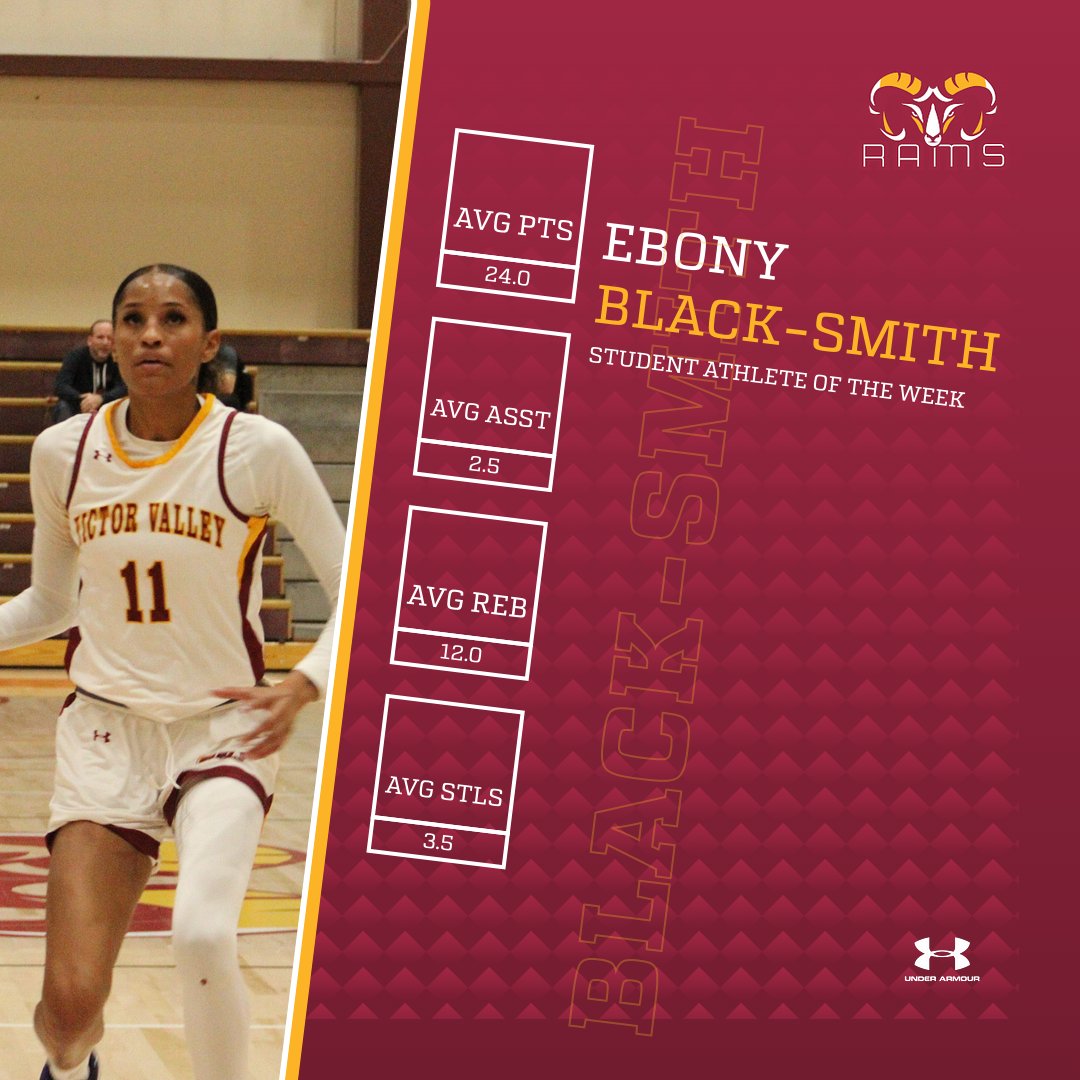 This week's Student Athlete of the Week is once again Ebony Black-Smith. In our two wins last week Ebony averaged 24.0 points, 2.5 assists, 12.0 rebounds, and 3.5 steals. Fantastic job Ebony! . . #VVC I #Athletics I #RAMS I #vvcathletics | #GoRams I #GoVVC I #hornsup🤘