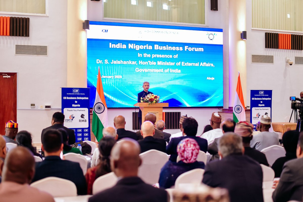 DrSJaishankar's tweet photo. Glad to address the India-Nigeria Business Forum organised by CII and NICCI.

Underlined that deepening our economic partnership is key to the expansion of our ties. 

Encouraged businesses to enhance their networking, identify regulatory and policy impediments and utilize opportunities.