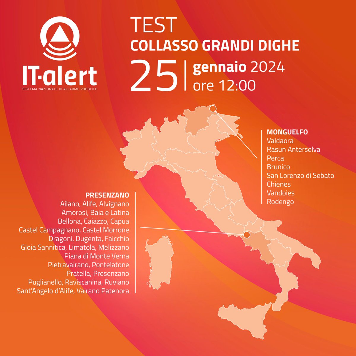 🔔 Il #25gennaio alle 12 test #ITalert per incidente industriale e collasso grandi dighe
📲 Sui cellulari nelle aree target arriverà un messaggio di test
Su it-alert.gov.it ci sarà il link al questionario e il testo della notifica che arriverebbe in caso di reale pericolo