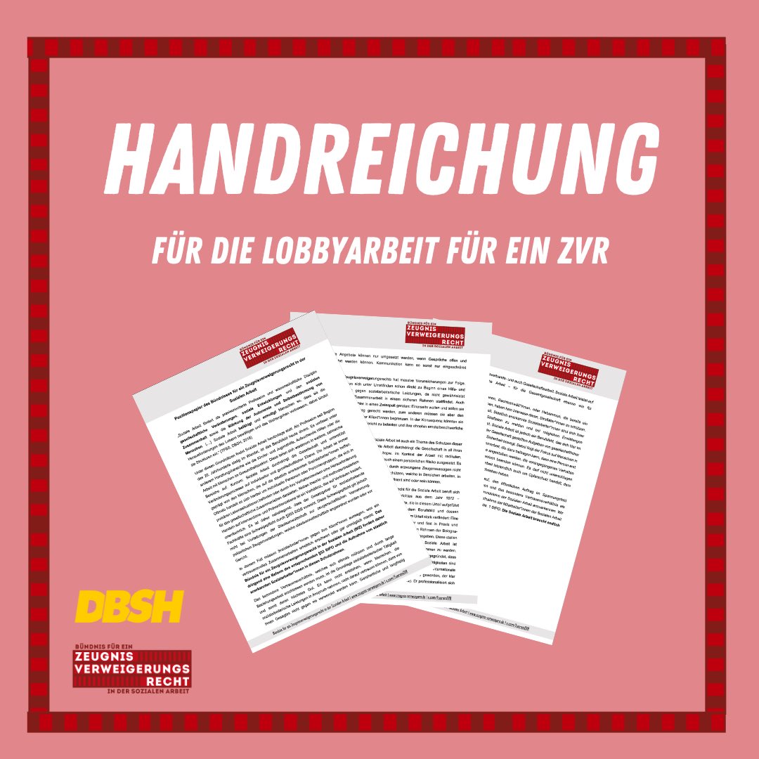 dbshbund's tweet photo. Ihr wisst nicht wie ihr mit eurem Träger oder euren zuständigen Politiker*innen über das #Zeugnisverweigerungsrecht ins Gespräch kommen sollt❓

💡Dann gibt es jetzt eine Handreichung, mit allen wichtigen Informationen für euch: https://t.co/S96Vj9ZZi2

@FuereinZVR #sozialarbeit https://t.co/wdXicXA7bV
