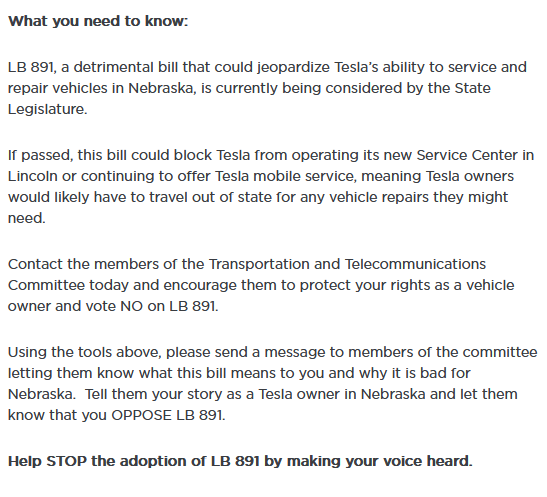 TeslaOwnersNeb's tweet photo. Nebraska now wants to potentially ban mobile service. LB 891, a detrimental bill that could jeopardize Tesla’s ability to service and repair vehicles in Nebraska. This would include mobile service and the new Lincoln service center. All repairs would need to go out of state. https://t.co/gCOdTS109s