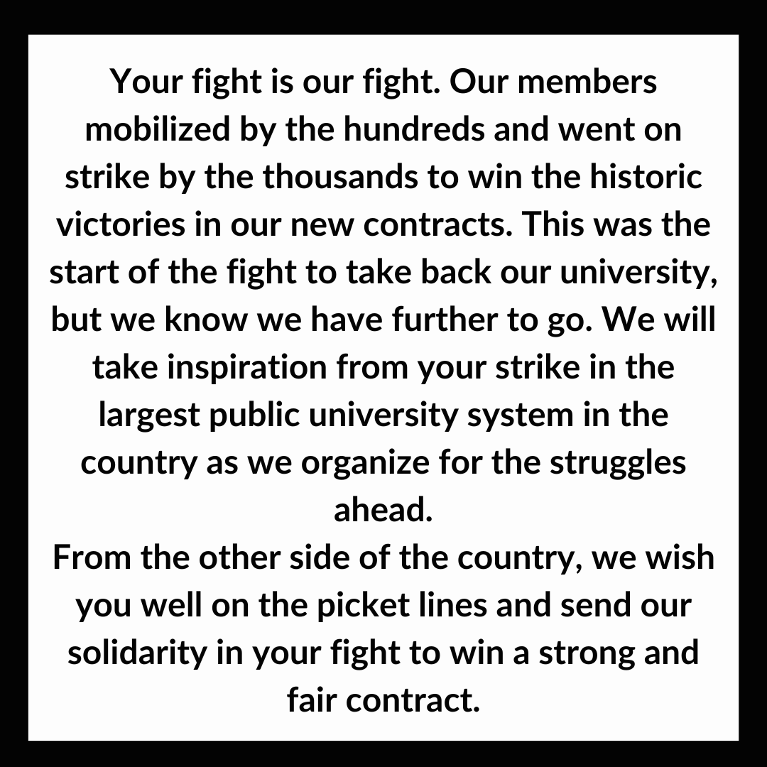 The PTLFC, <a href="/ABhsnj/">AAUP-BHSNJ</a>, &amp; <a href="/ruaaup/">Rutgers AAUP-AFT Academic Worker Union</a> are in support of #CFAonSTRIKE! We wish the thousands of <a href="/CFA_United/">California Faculty Association</a> faculty, lectures, counselors, coaches, &amp; librarians safe &amp; strong picket lines &amp; send our solidarity in your fight to win a strong &amp; fair contract! #UnionStrong
