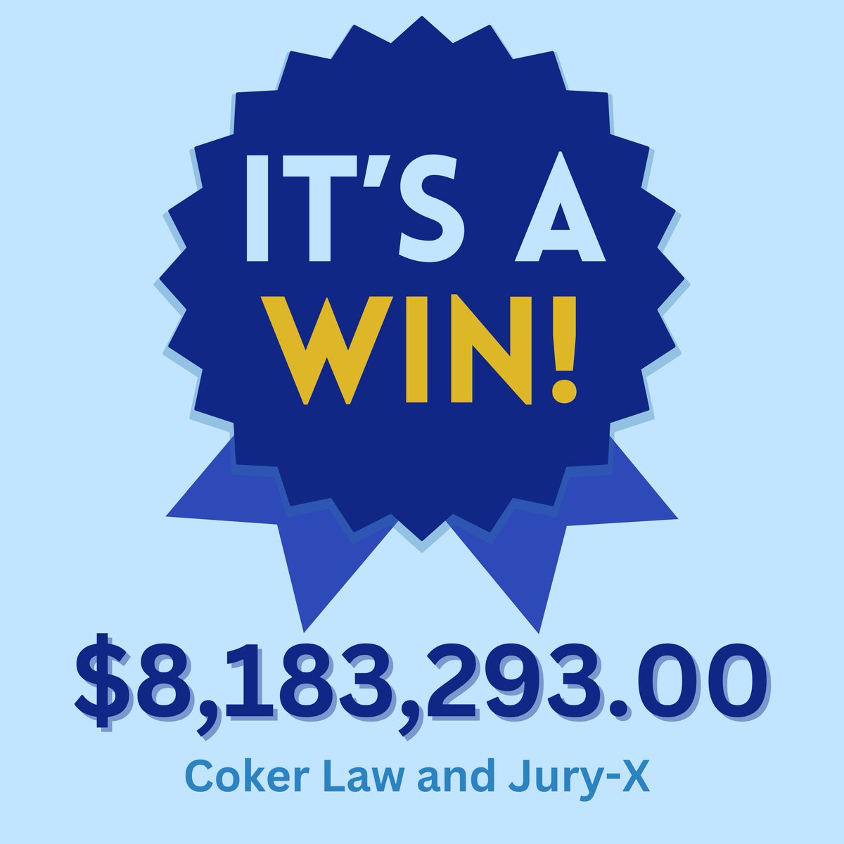 jurytweet's tweet photo. Congratulations to Dan Iracki, Trevor Haas, and Howard Coker of Coker Law for the $8,183,293.00 verdict won for their client in Duval, Florida!

#verdict #personalinjurylaw #damages https://t.co/I6hSVNSJS8
