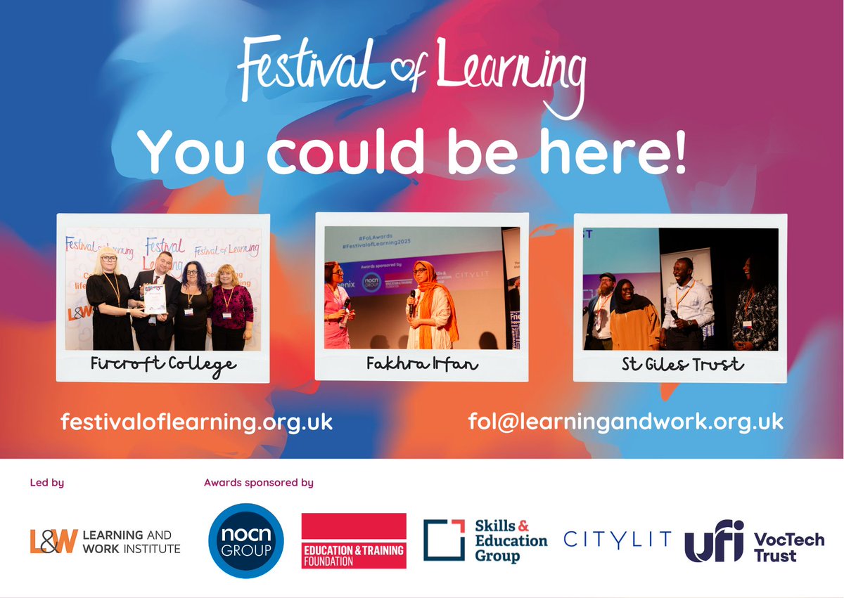 The #FestivalofLearning2024 awards are open until 2 February! Nominate outstanding learners, tutors, providers and employers whose stories demonstrate the transformative impact of #adultlearning. 🔗 festivaloflearning.org.uk/home/nominate-… @festival_learn #HOLEX #SpeakUp4AdultEd