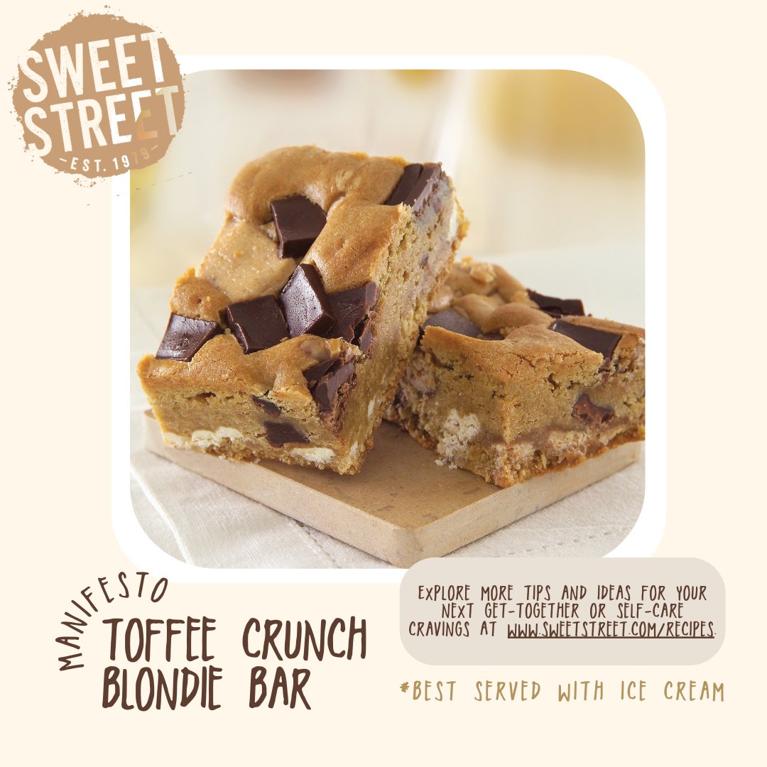 SweetStDesserts's tweet photo. Celebrate National Blonde Brownie Day with our Toffee Crunch Manifesto Blondie Bar! Kick start your Monday with golden goodness. 💛🍰🥰
.
.
#manifesto #blondebrownie #blondie #toffee #toffeecrunch #sharesweetness #sweetstreetomg #brownie #brownieday #blondebrownie https://t.co/RUlPSR6fn4