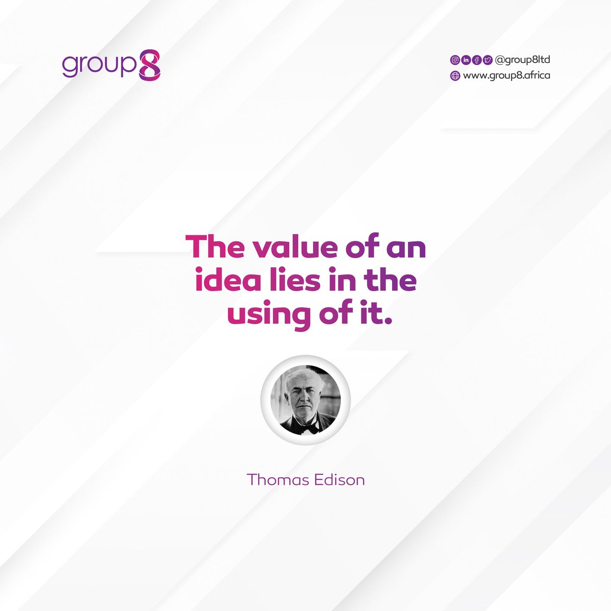 group8LTD's tweet photo. Stay motivated to create and utilise those bright ideas with you this week. All of us at Group8 are rooting for you!

#group8 #group8LTD
.
.
#mondaymood #ideas #media #impact #entertainment #africa #lifestyle #africanlifestyle #innovation #creativity https://t.co/97yyHdE0iT