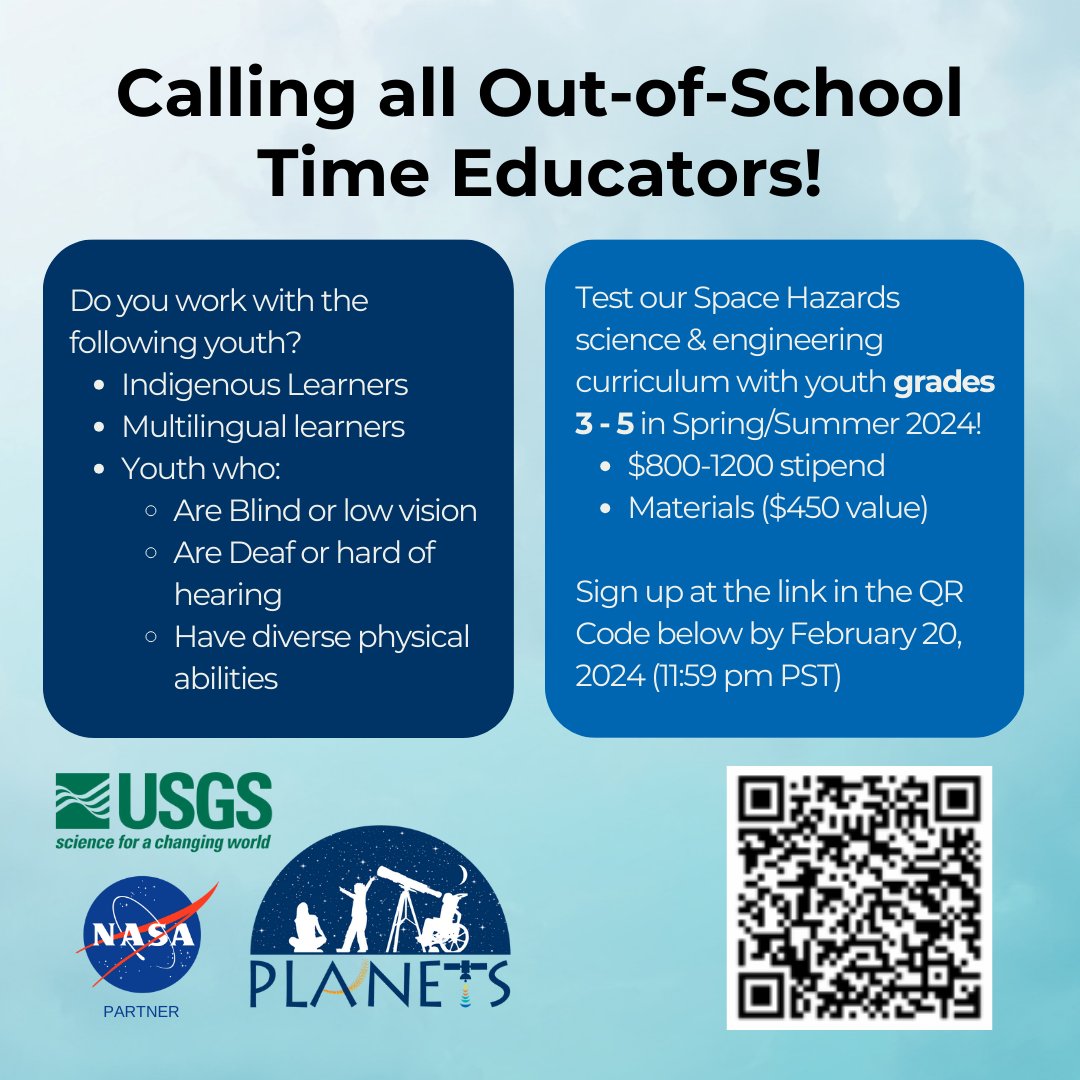 USGS_AstroGeo's tweet photo. Calling all out-of-school time educators! We've created science and engineering curriculum for grades 3-5 and we're looking for educators to Beta test in the Spring & Summer of 2024! Find out more at the QR Code and fill out an application by Feb 20, 2024! https://t.co/qQCl7KUzcv https://t.co/0IUPwHM6BW