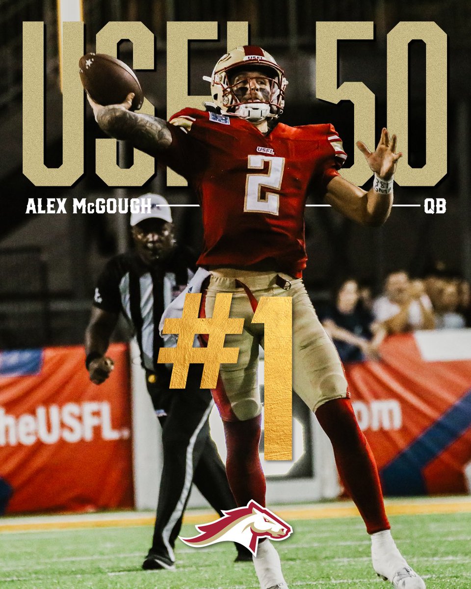 SOTStallions's tweet photo. Did you follow the #USFL50? For the past 3 months, you may have been wondering…who was #1? (Not that it really was a secret 😏)
Well, I’ve taken matters into my own hands. Give Alex McGough his laurels. He had the best spring season in recent history.
Congrats #McGOAT 👏 https://t.co/A4mAxeyYDa