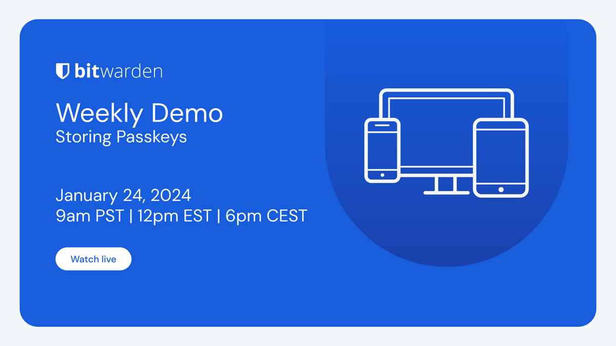 Bitwarden's tweet image. Did you know that Bitwarden can store your #passkeys? Join this week’s demo to review the user and admin experience and learn how to securely manage your passkeys. Sign up today! btwrdn.com/3vKTzJI