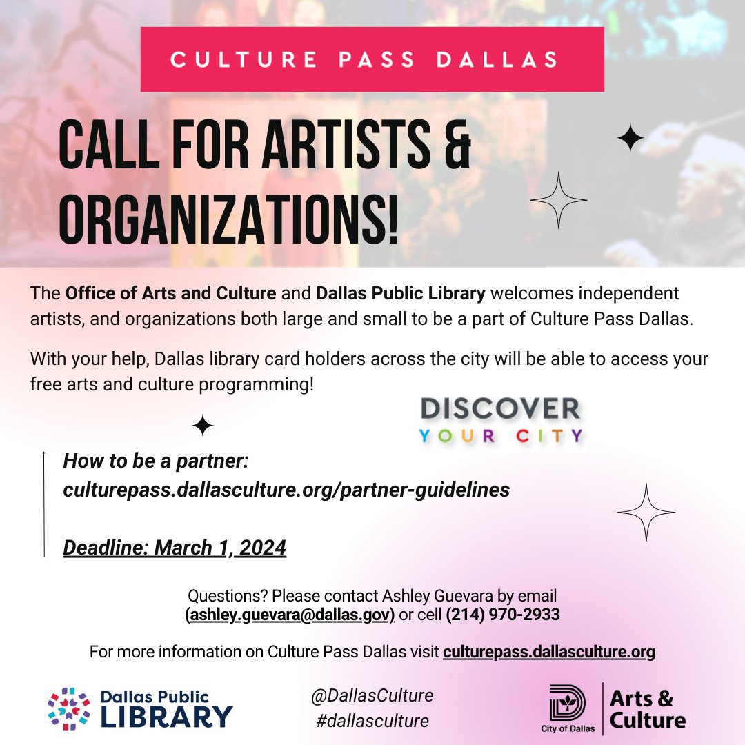 dallasculture's tweet photo. The Office of Arts &amp; Culture and @dallaslibrary invites artists, and orgs both large and small to be a part of Culture Pass Dallas

With your help, Dallas library card holders will be able to access your free arts &amp; culture programming!

How to be partner: https://t.co/eFwkQ40wMu https://t.co/av0WYvTWBW
