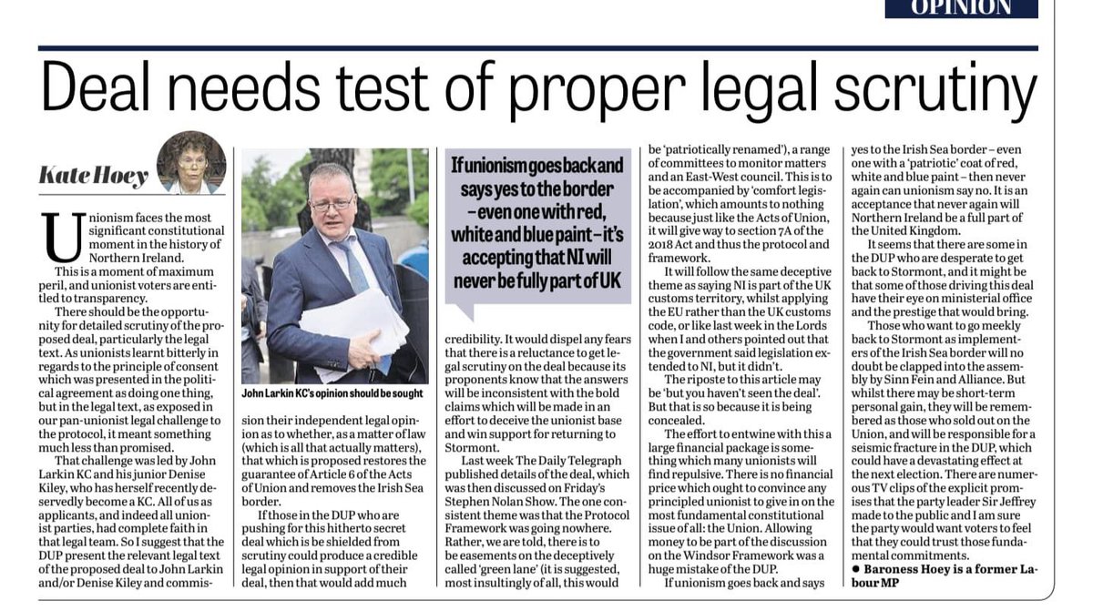 Any ‘deal’ with the Government agreed by the DUP unless it gets rid of the Irish Sea border and stops EU law overriding U.K. law will be unsustainable . My article in todays @News_Letter