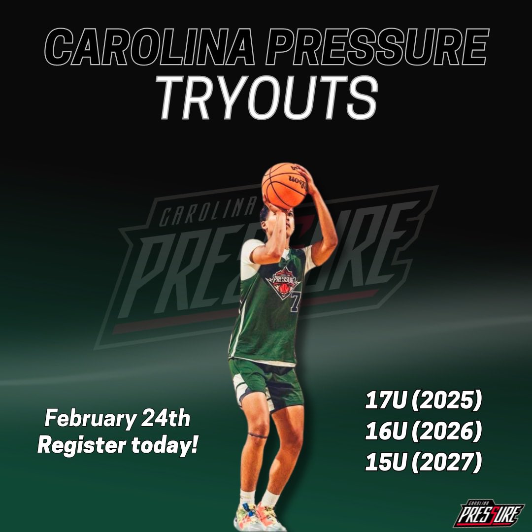 We’re back for Year 7! Tryouts will be Saturday, February 24th (location and time to be announced soon).

Why Carolina Pressure?
✅ Emphasis on skill development
✅ Compete against high-level comp
✅ 35+ CPB alums playing in college
✅ Winning organization

Register for tryouts: