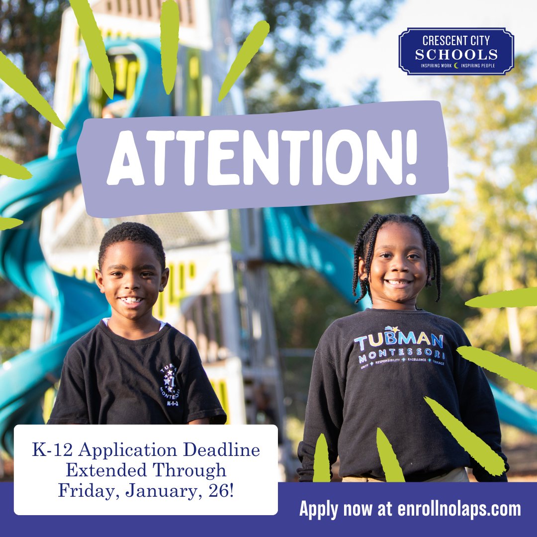 CCSNOLAed's tweet photo. Given recent weather-related school closures, NOLA Public Schools has extended K - 12 NCAP applications by one week‼️🚨 

Start your scholar's application for the 2024 - 2025 school year through Friday, January 26. Apply now at https://t.co/iXTMYPnP7V  🎨📚 #CrescentCitySchools https://t.co/e2J1YvzoIw