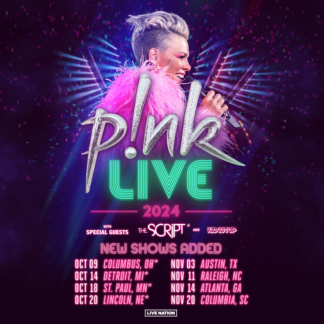 LiveNation's tweet photo. The P!NK Party Continues. @Pink Live 2024 Tour is headed your way with special guests @thescript in select markets and @KidCutUp. Tickets on sale Friday, Jan 26 at 10am local: https://t.co/NlLMjgFMJ1 https://t.co/Om83tees19