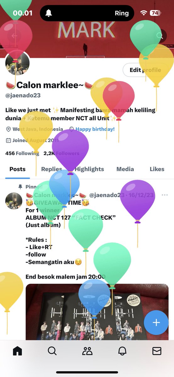 HAIII Today it’s my birthday jadiii akuu mauu GA dadakaaan!!🥳
100k untuk 5orang pemenang!!
Masing2 pemenang dapet 20k
Syaratnya cukup like+rt ajaaa kookkk!!
Diumumin nantii malem jam 20:00
🥳🥳