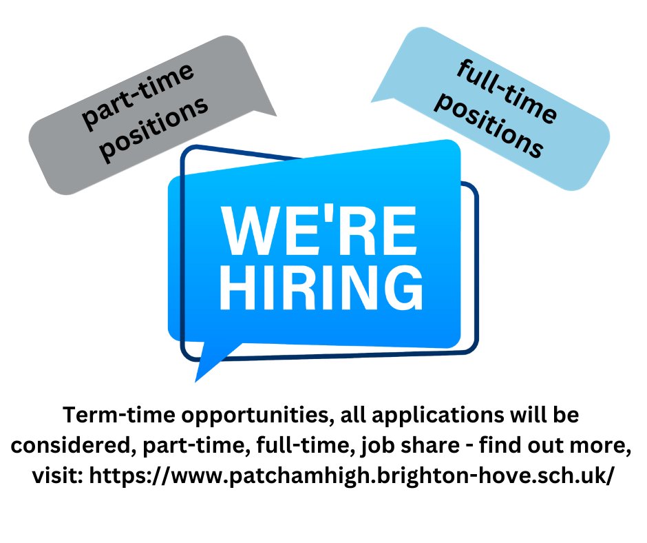 New week, new job? We're hiring at Patcham High School. All applications will be considered: part-time, full-time, job share - state what you are looking for on your application. Visit:bit.ly/3xK87Hb
#musicteacher #teachers #jobs #brightonjobs #pastoralsupport