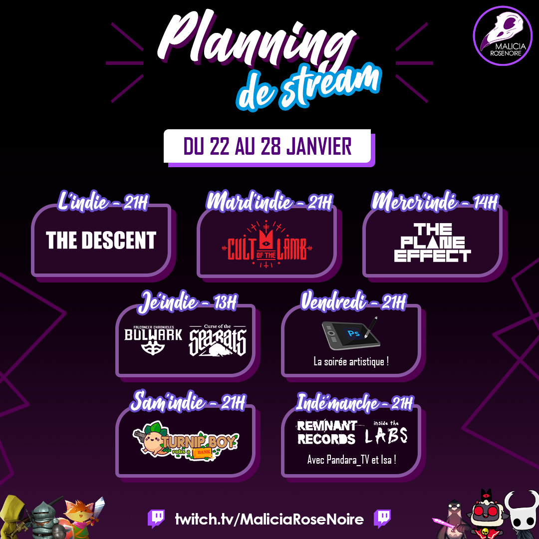 MaliciaRoseNoir's tweet photo. ✨ C'est le planning de la semaine 📆 :

- Ce soir à 21h : Découverte de #TheDescent ⛏️ un jeu d'horreur dans une ville minière
- Mard'indie à 21h : La suite de #CultoftheLamb 🐑 avec des drops !
- Mercr'indé à 14h : La suite et fin de #ThePlaneEffect 🖥️

⬇️⬇️⬇️⬇️⬇️ https://t.co/wCP5dfWPbn