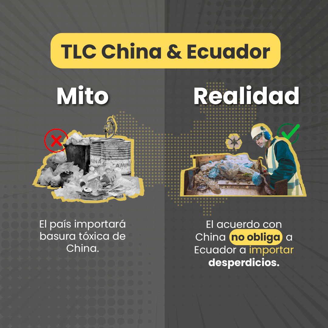 Industriasgye's tweet photo. #Realidad El TLC China- Ecuador no convertirá a nuestro país en un basurero tóxico. No hay imposición de importar desperdicios, sino un cronograma de desgravación para utilizarlos como materias primas. O ¿Qué otros mitos has escuchado? #AcuerdoResponsable
#EcuadorChina https://t.co/UIBQPFVDVs