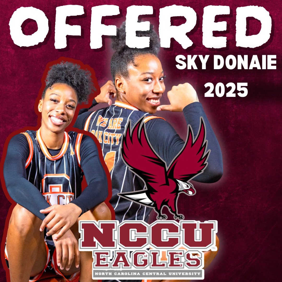 🌟🏀 BOOM! 🚀 Super proud to announce that our exceptional 2025 Forward, @skyyxdonaie_ , just secured a SCHOLARSHIP offer from @NCCUWBB ! 🦅🎓 Massive shoutout to NCCU & Coach Bax for backing Oak City Prep's phenomenal players! 🙌💫 #SkyHighSuccess #NCCUEagle #OakCityPride