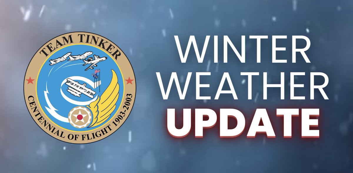 Team_Tinker's tweet photo. The Installation Commander has directed a base closure beginning at 11 a.m. Monday, 22 January 2024 for day shift personnel. Swing shift employees will report as normally scheduled. Liberal leave is authorized for day shift personnel. https://t.co/voP3Qzgcrn