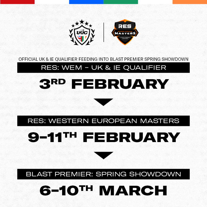 UKICircuit's tweet photo. We're pleased to announce that we'll be hosting the 🇬🇧 &amp; 🇮🇪 qualifier for 
@RESCSGO Western EU Masters which feeds into @BLASTPremier Spring Showdown 🤩

🗓️ · February 3rd @ 13.00 GMT
🏆 · Top Team Qualifies
🌍 · UK &amp; Ireland teams (3/5 Players)