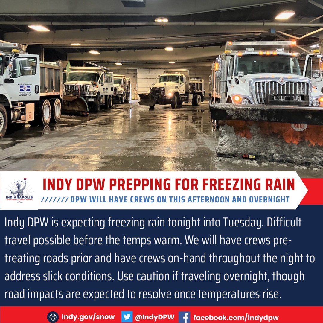 Indy DPW is expecting freezing rain tonight into Tuesday. Difficult travel possible before the temps warm. We will have crews pre-treating roadways beforehand and have crews on-hand throughout the night to address slick conditions. Use caution overnight and be #WeatherReady