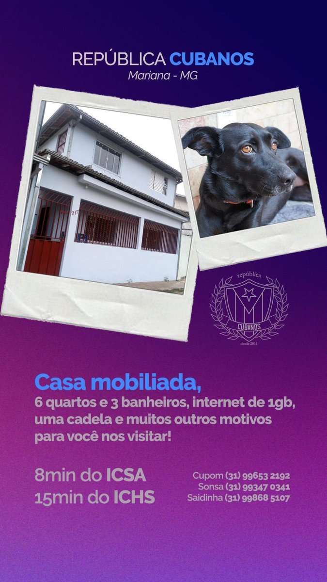 rrafaelventura's tweet photo. E aí calouro! Passou na UFOP e tá procurando lugar para morar? 

Nós da República Cubanos oferecemos vagas para todos os cursos, venha fazer parte dessa grande família! 🇨🇺

#sisu #ufop #Administração #Economia #ServiçoSocial #Jornalismo #Pedagogia #Historia #Letras https://t.co/UOc40wMJQe