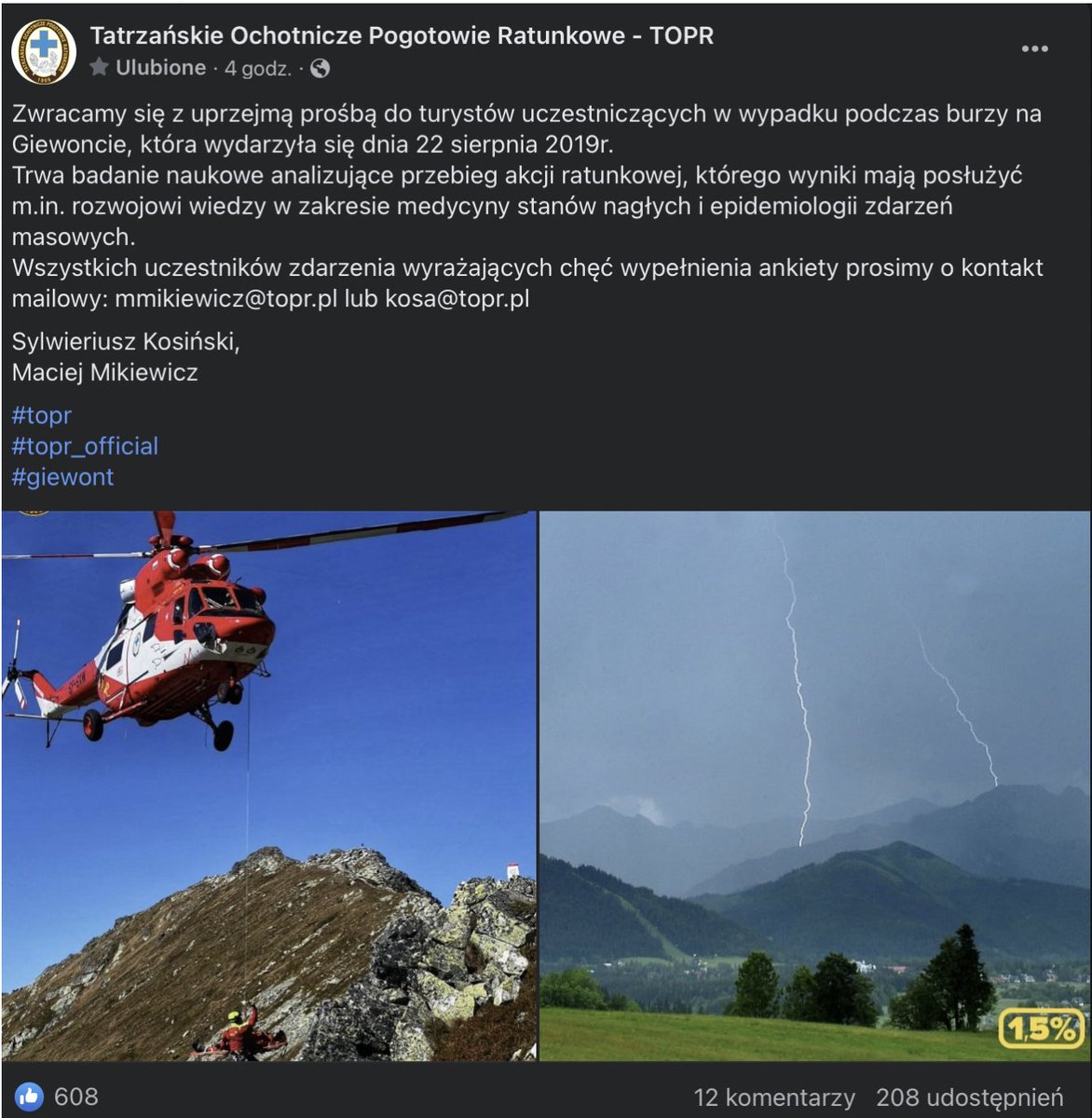 W trakcie burzy, która przeszła nad Tatrami 22 sierpnia 2019 roku poszkodowanych zostało 157 osób, a 5 osób straciło życie. 

Po latach staramy się dowiedzieć więcej jak przebiegała akcja ratunkowa, jakie obrażenia odnieśli turyści, czy miały one dalsze konsekwencje zdrowotne.