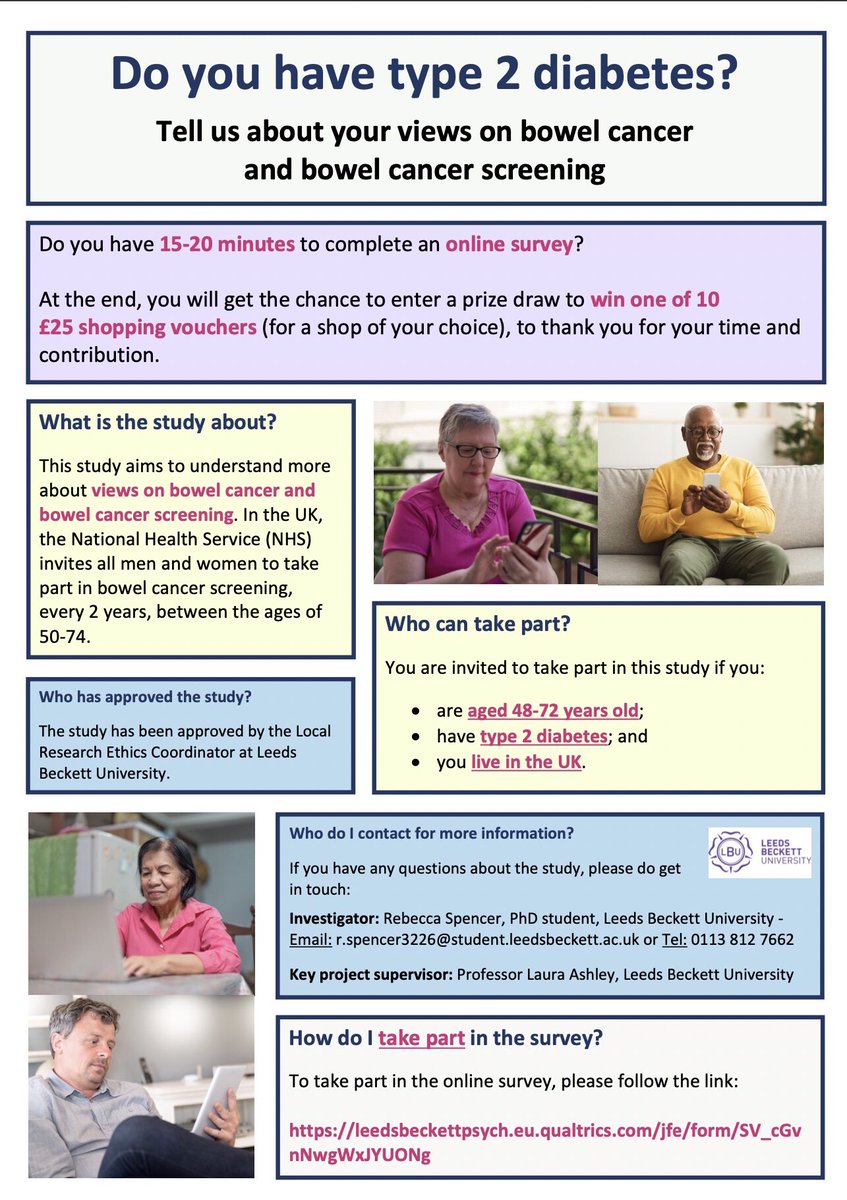 We are looking for people with type 2 diabetes to take part in an online survey about bowel cancer and bowel cancer screening. 

Link to the survey: leedsbeckettpsych.eu.qualtrics.com/jfe/form/SV_cG…