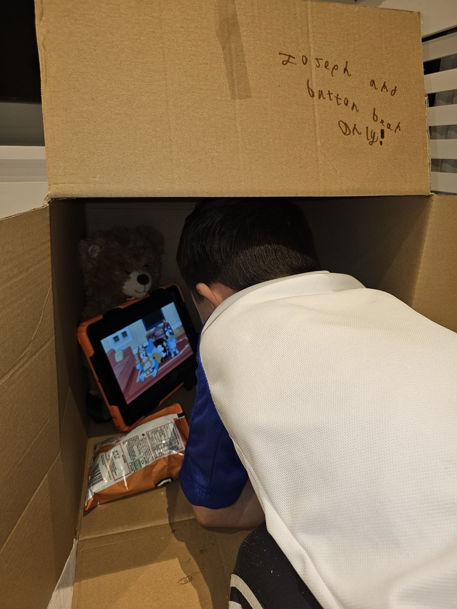 Stephshonexx's tweet photo. Button Bear is settled in at JS's House.. He's had a story, been for a walk &amp; has now set up camp in a lovely cardboard box house for the week, currently watching Bluey with JS 👦🧸📚🏠 @DeePointMercury @DeePointPrimary https://t.co/bTA8XPCA4a