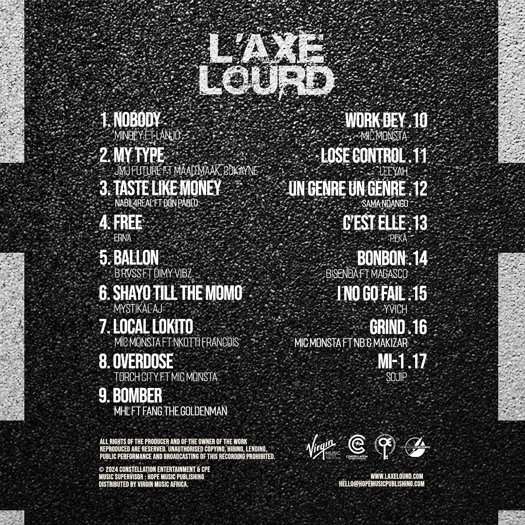 La Tracklist de la bande originale du film "Axe Lourd (The Highway)" by Dr Nkeng Stephens réalisée par Hope Music  disponible ce 26/01 😉

Il réunit plusieurs artistes de diverses nationalités😊 sous la supervision de Philippe Nkouaya aka Philjohn
Trailer: youtu.be/XuqZHzQgB4Y