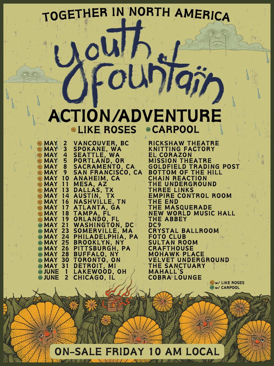 Like Roses (@likerosesca) on Twitter photo Stoked to join <a href="/youthfountain_/">Youth Fountain</a> and <a href="/ActAdvBand/">🧃 Action/Adventure 🧃</a> on the first leg of this tour in May! Stoked to join <a href="/youthfountain_/">Youth Fountain</a> and <a href="/ActAdvBand/">🧃 Action/Adventure 🧃</a> on the first leg of this tour in May!