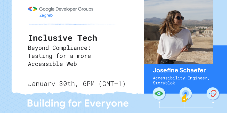 Join us at "Inclusive Tech" event! 🎉 

📅 January 30th, 17:15 CET 
🌍 Online
🎟️ Get your free ticket and read more at gdg.community.dev/events/details…

Let's build better together! 💪

#GoogleDevCommunity #BuildingForEveryone #GDG #GDGZagreb #Accessibility #Web #AI
@JsfnSchfr