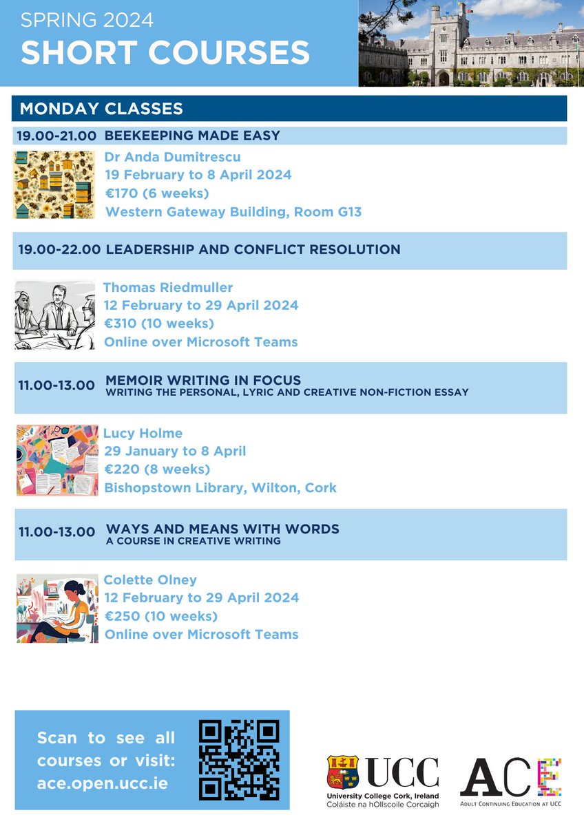Our Short Courses have reopened for registration.   

🗓️Please note there are limited places remaining on our Monday classes which will commence from Monday 29th Jan. 

👉See all courses online here: ace.open.ucc.ie