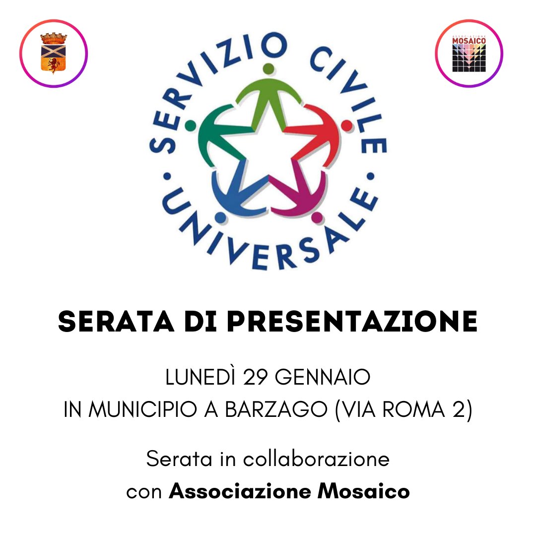 SERVIZIO CIVILE A BARZAGO

Il Comune di Barzago e @AssMosaico hanno collaborato per attivare a Barzago una posizione per il servizio civile universale, rivolto ai giovani tra i 18 e i 28 anni
Lunedì 29 gennaio alle 21 serata informativa
#serviziocivile