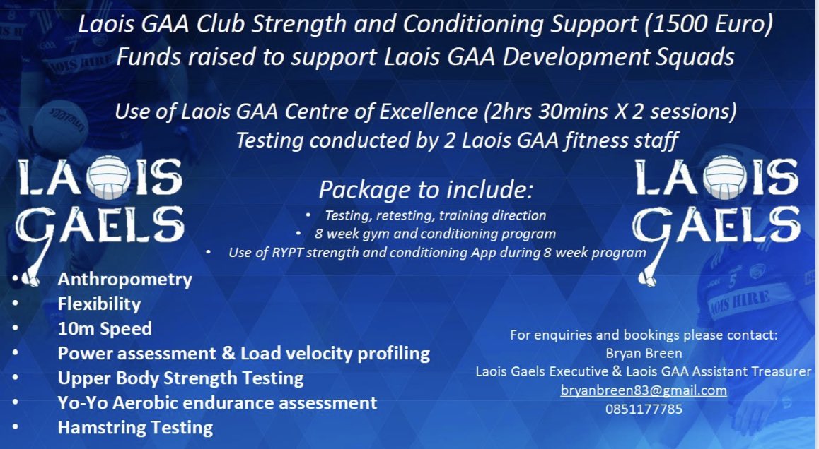 In association with the Laois GAA’s Head of Athletic Development Tom Hargroves, Laois Gaels are delighted to offer the Clubs of Laois a Strength and Conditioning Support for your teams. Please see attached for information, and should you wish to find out more, get in touch!