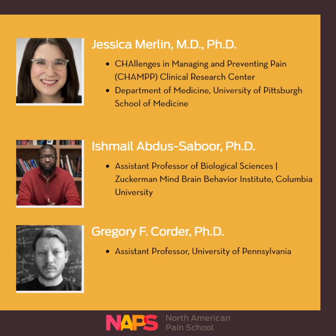 North American Pain School (@napainschool) on Twitter photo We are so excited to announce the first #NAPainSchool 2024 invited speakers🥳
🎤<a href="/JessicaMerlinMD/">Jessica Merlin</a>, <a href="/IshmailSaboor/">Ishmail Abdus-Saboor</a> & <a href="/FlyBottleEscape/">⚡️GREG_CORDER⚡️</a> will join us to discuss pain prevention, treatment and cure!
📚Interested in #pain #research? Apply by Jan 31st
northamericanpainschool.com/registration/ We are so excited to announce the first #NAPainSchool 2024 invited speakers🥳
🎤<a href="/JessicaMerlinMD/">Jessica Merlin</a>, <a href="/IshmailSaboor/">Ishmail Abdus-Saboor</a> & <a href="/FlyBottleEscape/">⚡️GREG_CORDER⚡️</a> will join us to discuss pain prevention, treatment and cure!
📚Interested in #pain #research? Apply by Jan 31st
northamericanpainschool.com/registration/