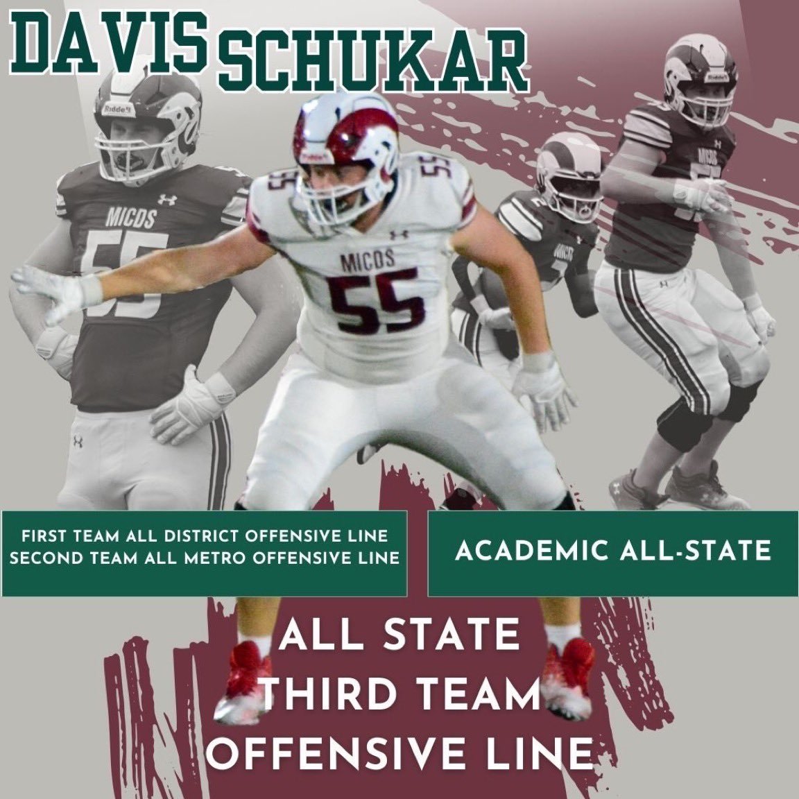 Davis Schukar (@bigschuke) on Twitter photo Thank you to all my teammates and coaches for 4 great years @micdsfootball. Looking forward to my next chapter <a href="/UChicagoFB/">UChicago Football</a>.
Career (3 year starter):
39 - 7
Team Captain
2 x MFCA Academic All-State Athlete - Missouri
MFCA All-State, Offensive Lineman - Missouri
St. Louis Post Thank you to all my teammates and coaches for 4 great years @micdsfootball. Looking forward to my next chapter <a href="/UChicagoFB/">UChicago Football</a>.
Career (3 year starter):
39 - 7
Team Captain
2 x MFCA Academic All-State Athlete - Missouri
MFCA All-State, Offensive Lineman - Missouri
St. Louis Post