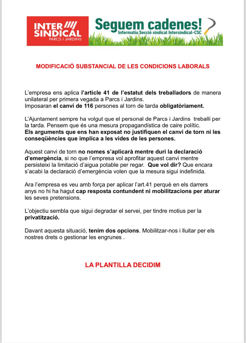 InterPublica's tweet photo. @jaumecollboni en contra se la conciliació familiar. 120 treballadors i treballadores de Parcs i Jardins afectades.
@LaIntersindical diu NO a l aplicació de l'article 41 de l’ET https://t.co/pIgdKMgAyM