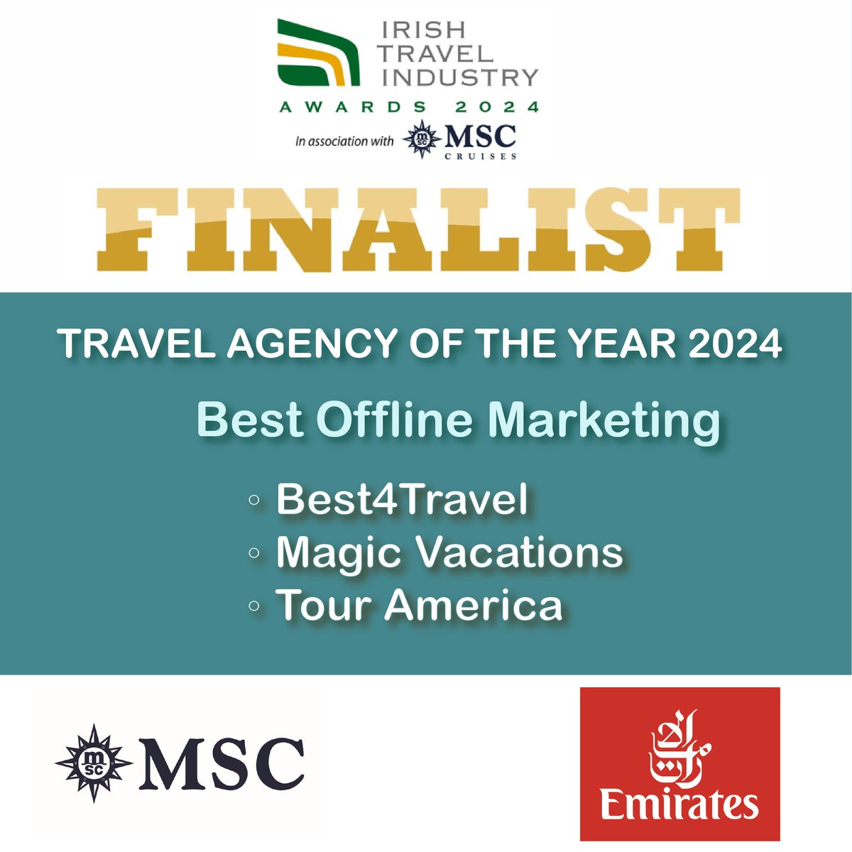 ITAATweets's tweet photo. Congratulations to all of the finalists in the members category.
#IrishTravelAwards #MSCCruises #MagicVacations #Best4Travel #clickandgo_holidays #tour_america #uwalk #emirates #FroschIreland #traveldepartment https://t.co/6LjaglOnOS