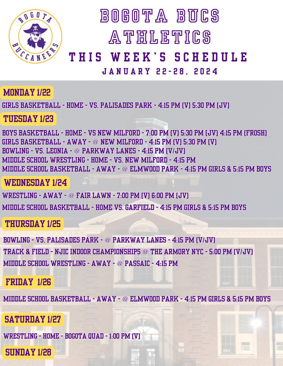 Bogota Bucs (@bogotaathletics) on Twitter photo Here is a look at this week's schedule of Athletic Events. Best of luck to all of our student-athletes and coaches! Go Bucs! <a href="/BogotaPublic/">Bogota Public Schools</a> <a href="/BogotaHigh/">Bogota Jr./Sr. High School</a> <a href="/bogotablognj/">Bogota Blog NJ</a> Here is a look at this week's schedule of Athletic Events. Best of luck to all of our student-athletes and coaches! Go Bucs! <a href="/BogotaPublic/">Bogota Public Schools</a> <a href="/BogotaHigh/">Bogota Jr./Sr. High School</a> <a href="/bogotablognj/">Bogota Blog NJ</a>