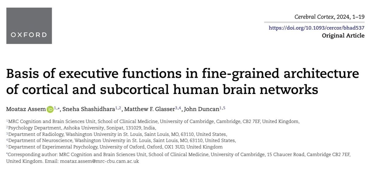 New paper! We propose a novel hypothesis on the diversity of human executive functions. We used cutting-edge multimodal fMRI approaches to unveil an intricate dance between domain-general and domain-specific circuits. Link: doi.org/10.1093/cercor… Data: balsa.wustl.edu/study/0qk6K