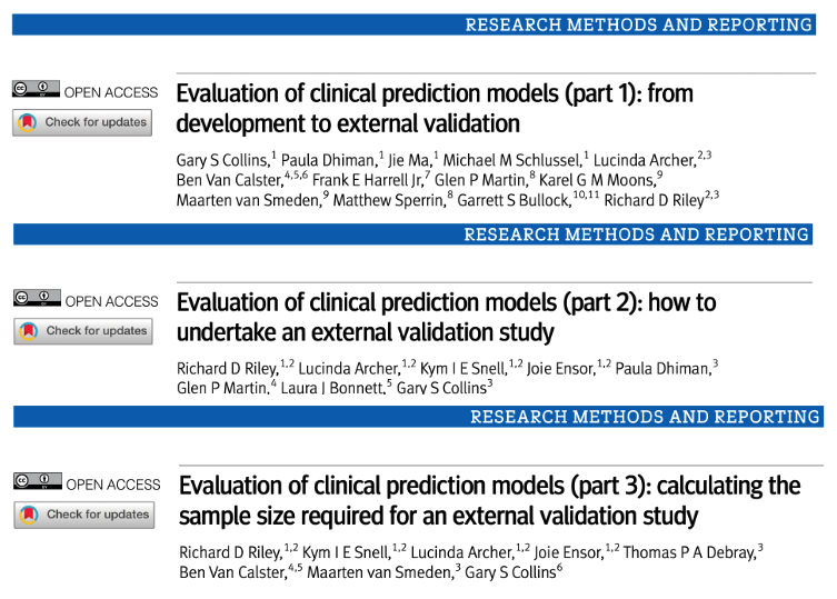 All 3 papers (#openaccess) now out in the @bmj_latest on the **Evaluation of clinical prediction models** part 1: tinyurl.com/3h4zfvfw part 2: tinyurl.com/ynytrpmx part 3: tinyurl.com/2cfc9uj3 #stats #MachineLearning #predictiveanalytics