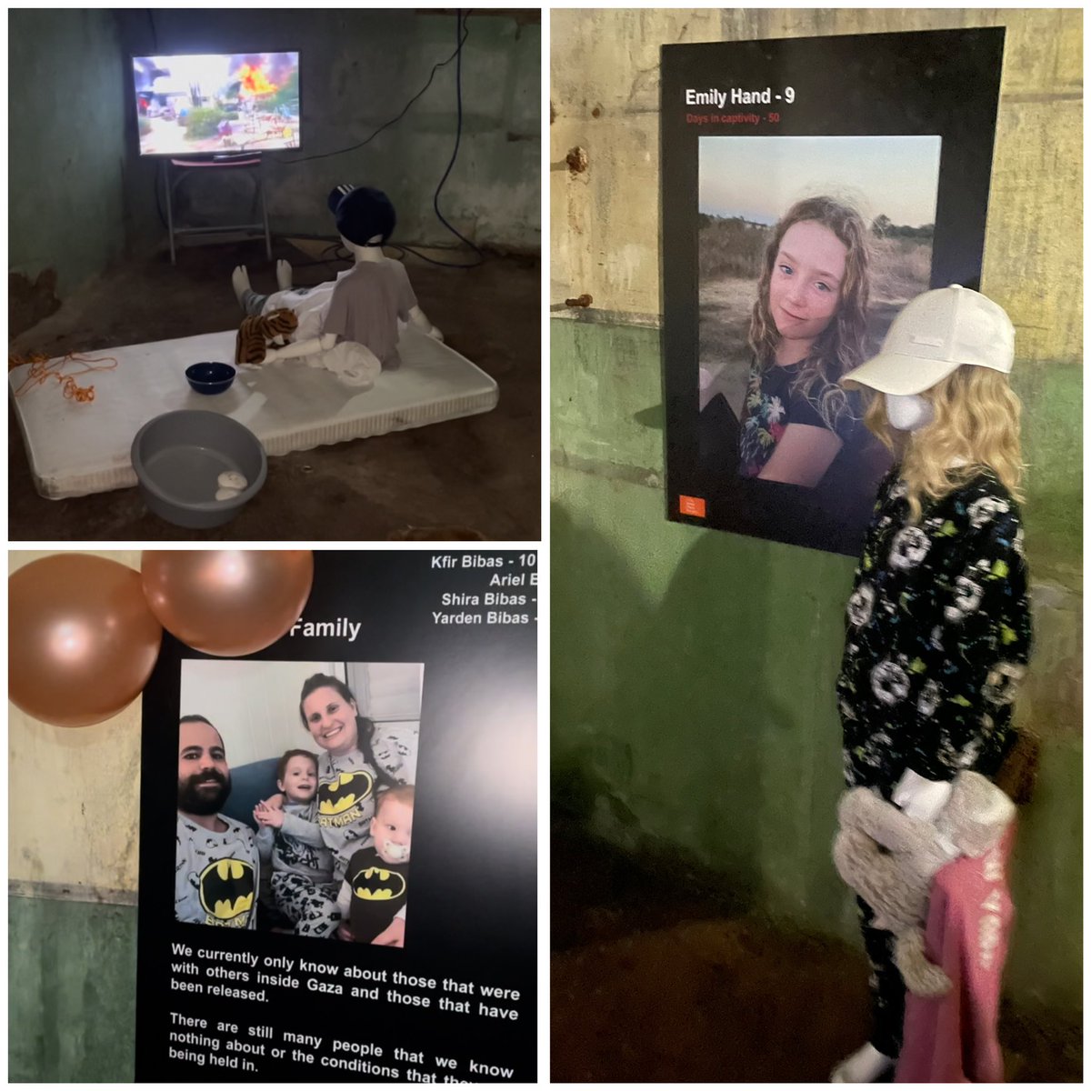 RachelRileyRR's tweet photo. Last week I went to an exhibition by @710humanchain called Voices from the Tunnels, with the aim of doing exactly what it says, giving a voice to the 100+ hostages kidnapped by Hamas, still captive in Gaza.

As of last Thursday, some 1269 people had been killed in the Oct 7th attacks. Approx 240 were also kidnapped to Gaza. 136 remain - 132 from 7/10, including at least 25 people believed to no longer be alive.

Since hostages have been released, some have been telling their stories, and information about what they went through, and what they witnessed relating to others who still remain, is coming out in dribs and drabs and the volunteers who put this together want the world to hear their testimonies, for the sake of those left behind for whom time is running out.

The exhibit tells of the little boy forced to watch videos of the atrocities so much he left Gaza speaking fluent Arabic. Children as young as 6 are now showing signs of extreme drug withdrawal after having been given ketamine to keep them quiet. 9 yo Emily Hand still whispers and thought she had been in Gaza a year (she spent 50 days in captivity).

Most hostages were kept down tunnels, with absolutely no sunlight, completely unaware of night and day or how much time was passing, and being told to keep quiet or be killed. They survived on near famine conditions. A lady in her 80s was put into a medically induced coma on release as her internal organs had started to fail.

Some of the worst stuff now. Details of the sexual violence witnessed by ZAKA volunteers (orthodox Jewish men who have dignity to the bodies) - detailed male genitalia cut off and put into their own mouths to suffocate on. 

HUGELY IMPORTANT:-

Many female hostages are thought to have come back pregnant. The huge worry for the remaining hostages, inc some 19 women, is that having spent 100+ days imprisoned, any women who may have been raped and be pregnant now will soon be reaching the cut off for when they could have an abortion. They have no access to medical care. There are eye-witness reports of 2 young women being kept in a cage smaller than 2m long. They were frequently sexually abused and Hamas terrorists would molest their wounds just for sadistic pleasure.

The sexual violence witnessed at the Nova music festival was so severe that many survivors are now on suicide watch.

After Maya (21) arrived in Gaza shot in her ankle, her foot was connected the wrong way. Doctors refused to treat Mia (21) because she was Jewish, so having been shot in the arm she was treated by a vet, with no anaesthesia.

Inside the tunnels detailed plans about the kibbutzim were found on walls, with info on the names of who lived in which home, even their security codes. It’s clear this attack was planned for years and with the help of those these communities trusted, employed and who betrayed them.

And last for this summary, I visited this exhibit on the 1st birthday of red-haired baby Kfir. He was abducted with his 4 year old brother Ariel, and his mother Shira. Their father, Yarden gave himself up to try to spare his family but they took them all anyway. Kfir wasn’t even 9 months old when he was abducted and the boys and Shira haven’t been seen since that awful day. Hamas filmed telling Yarden his family had been killed by Israeli air strikes in a sadistic act of mental torture. We don’t know what’s happened to them or what is true.

We do know time is not unlimited for these people held captive in horrific conditions by rapist torturing murderers. Especially for the women.

I went and I’m sharing this to counter the “they’ve all been treated like they’re on a nice holiday” Hamas narrative propaganda I’ve seen on this hell-app, and also to urge the official bodies who should be advocating for the hostages, to actually do their jobs and do so. 

Released hostages have told how Hamas terrorists watch and respond to the news, the world needs to give them cause to release each and every last person they took.
