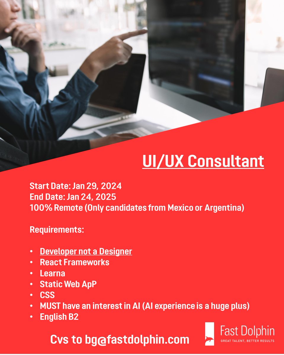 fastdolphin's tweet photo. Estamos reclutando un consultor UI/UX para trabajo remoto por 12 meses.
Cvs a bg@fastdolphin.com
#job #Vacante #UIUX #Developer #ReactFrameworks #AI #CSS #México #Argentina #Inglés #Remoto https://t.co/NxLjEZkGxA