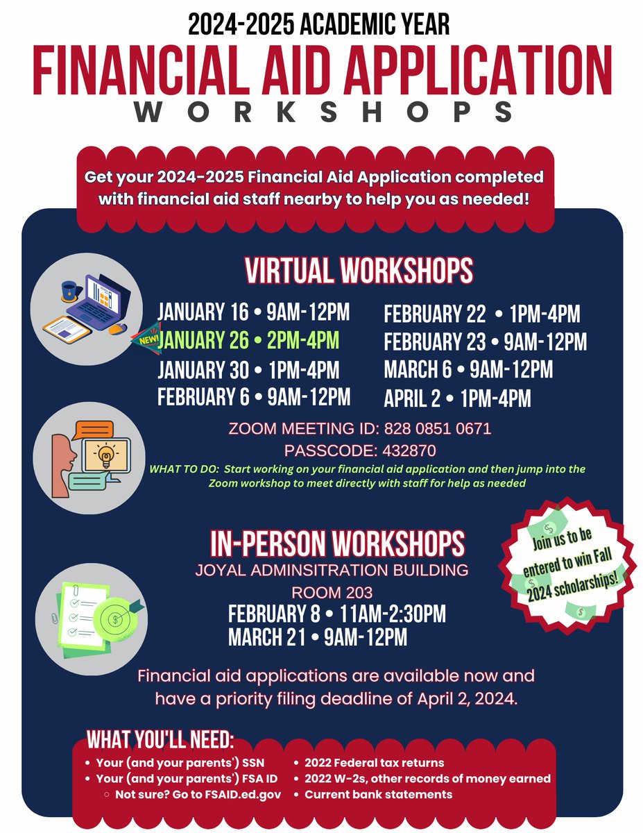 🌟NEW Workshop Added for FRIDAY!🌟
If you're working on your 24-25 FAFSA/CADAA and need help, jump on to the zoom during our workshop time and get help from financial aid staff!
⏰Next Workshop: Friday, Jan. 26 ~ 2-4pm
Zoom link 👉 bit.ly/FinancialAidWo…
<a href="/FSDOSAEM/">Fresno State Student Affairs</a> <a href="/Fresno_State/">Fresno State</a>