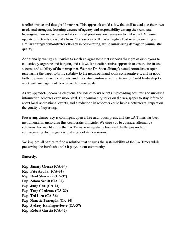 Jimmy Gomez (@jimmygomezca) on Twitter photo Members of <a href="/latguild/">L.A. Times Guild 🦅</a> are essential for informing our communities and preserving democracy. Yet, management is threatening sweeping layoffs.
Proud to lead my LA-area colleagues in calling on <a href="/latimes/">Los Angeles Times</a> to uphold strong worker protections and do all possible to avoid staff cuts. Members of <a href="/latguild/">L.A. Times Guild 🦅</a> are essential for informing our communities and preserving democracy. Yet, management is threatening sweeping layoffs.
Proud to lead my LA-area colleagues in calling on <a href="/latimes/">Los Angeles Times</a> to uphold strong worker protections and do all possible to avoid staff cuts.
